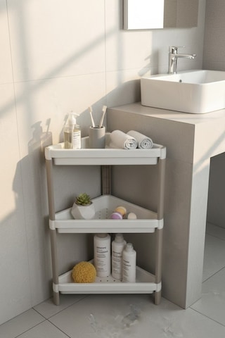 3 Katlı Banyo Köşe Rafı - Duş İçi Şampuanlık Ve Düzenleyici Organizer - Modüler Üçgen Raf Beyaz