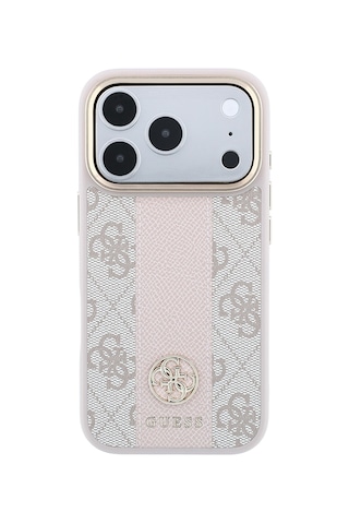 Apple iPhone Uyumlu 18 Pro Kılıf Guess Lisanslı M-safeli Deri 4g Desenli Şeritli Yazı Logolu Kapak Pembe