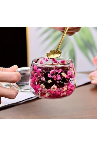 Isıya Dayanıklı Çift Cidarlı Kurutulmuş Canlı Çiçekli Kupa 150 Ml Çok Renkli
