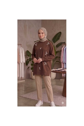 Butik Kadın Boncuk Taş İşlemeli Sweatshirt Kahverengi Kahverengi
