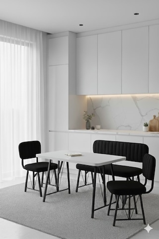 Elfin 70x110 Beyaz Sabit, 2 Sandalye 1 Bench, Masa Sandalye Takımı, Mutfak Masası Takımı - Siyah