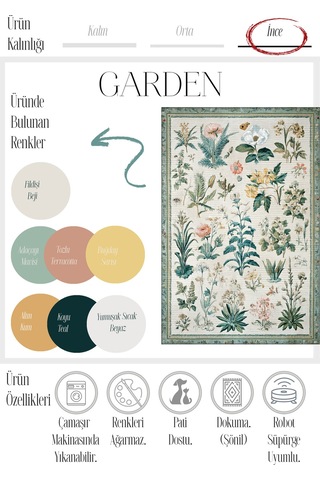 Garden 818 Bej Yeşil Botanik Çiçekli Halı Yıkanabilir İnce Dokuma Taban Salon Oturma Odası Halısı Bej Yeşil F