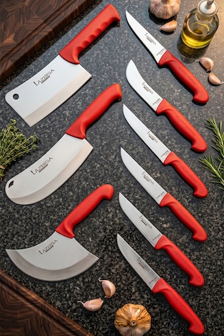 Lazbisa MFP-245 Silver Pro Serisi Mutfak Bıçak Seti 9 Parça Et Ekmek Sebze Soğan Börek Bıçağı Satırı Kırmızı