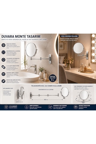 Duvara Monte Mafsallı Makyaj Aynası 1x + 5x Büyütmeli Çift Taraflı 410 Mm Uzatılabilir Krom