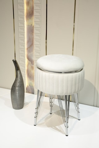 Bianco Metal Ayaklı Puflu Zigon Sehpa Krom Kırık Beyaz Chrome Off White