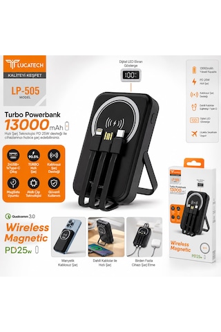 Lucatech Lp-505 13000 Mah Manyetik Kablosuz Powerbank Pd 25w Hızlı Şarj Dijital Göstergeli Dahili Kablolu Magsafe Uyumlu Siyah