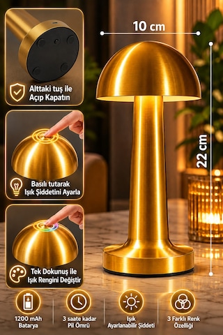 Metal Mantar Gold Masa Lambası Dokunmatik 3 Işıklı Şarjlı