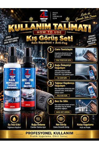 4e Care 2'li Kış Görüş Seti: Yağmur Kaydırıcı & Buğu Önleyici Sprey Net Görüş Paketi 250 Ml