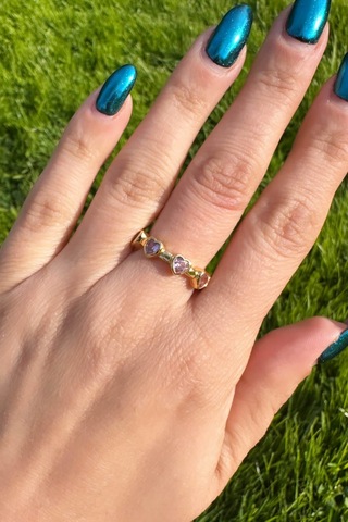 Gold Zirkon Pembe Taşlı Kalp Yüzük Pembe