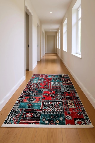 Blghome Renkli Patchwork Desen Modern Halı Dekoratif Kilim Kırmızı - Mavi