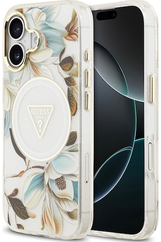 Apple Uyumlu iPhone 17 Kılıf Guess Lisanslı M-safeli Simli Çiçek Desen Metal Kamera Çerçeveli Üçgen Logolu Beyaz Beyaz