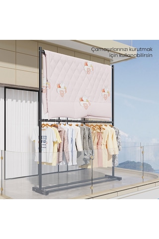 Vusıgn 2 Katlı Karbon Çelik Elbise Askısı Metal Kıyafet Askılığı 100x180 Cm Ahşap Rengi