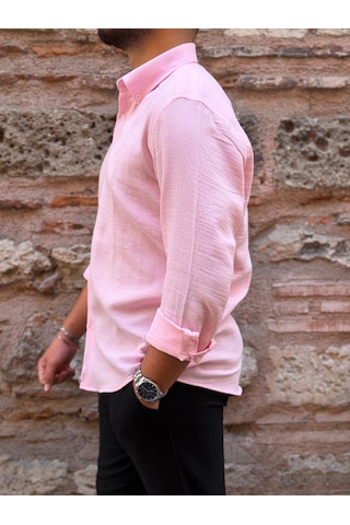 Slim Fit Uzun Kol Müslin Pamuk Rahat Nefes Alabilen Kumaştan Yaka Düğmeli Hediye Kutulu Erkek Gömlek Fs-004202 - Pembe-3368