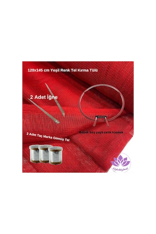 Tel Kırma Kına Seti Kiti Kırmızı Renk Kare Tül, 3 Adet Taç Tel Kırma Teli Ve Büyük Yaylı Kasnak - 88015954
