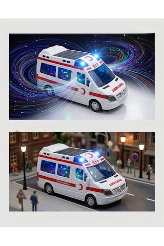 3d Işıklı Sesli Pilli Çarp-dön Mekanizmalı 17cm Gerçekçi Tasarımlı Eğlenceli Oyuncak Ambulans Çok Renkli