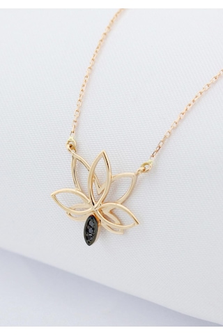 Siyah Pırlanta Lotus Çiçeği Kolye Rose Gold