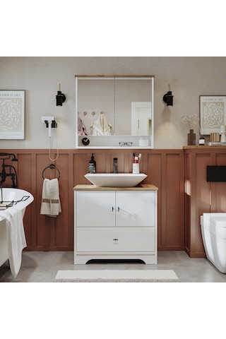 Lavabolu Mat Beyaz Mdf 80 Cm Çekmeceli Banyo Dlp + Aynalı Üst Dlp Beyaz - Atlantik Çam