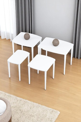 Terra Beyaz 1. Sınıf Yüksek Kaliteli 4 Lü Zigon Sehpa Takımı Beyaz Tabla Beyaz Ayak