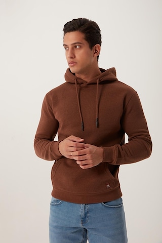 Erkek Kapüşonlu Kanguru Cep 3 İplik Sweatshirt Kahverengi