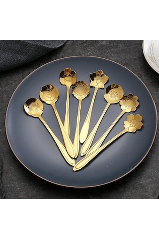 Kosona Altın Renkli Çelik Çiçek Desenli Kahve Kaşığı - Ev Kullanıma Uygun, Dayanıklı Ve Şık Hediyelik Spoon Diğer