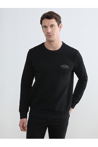 Lcwaıkıkı Classic Siyah Bisiklet Yaka Baskılı Erkek Kalın Sweatshirt