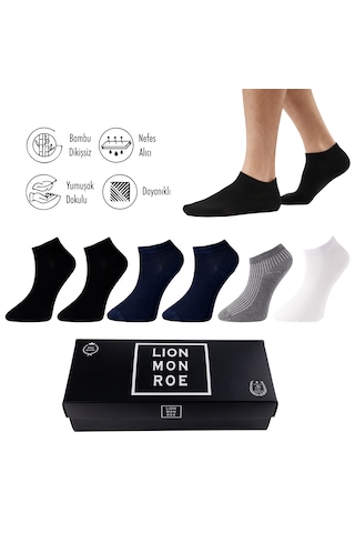 Lion Monroe Saf Bambu Erkek Patik Düz Kısa Siyah - Lacivert - Gri - Beyaz Çorap Dikişsiz Premium Kutulu 6'lı L5952aznp Softaura
