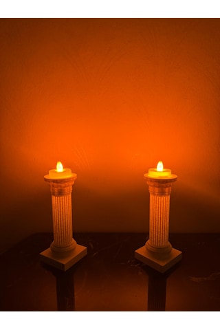 2'li Roma Sütunu Mumluk 15 Cm Mermer Görünümlü Led Tealight Dekor Seti