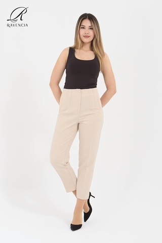 Kadın Model Yüksek Bel Kumaş Koyu Krem Pantolon