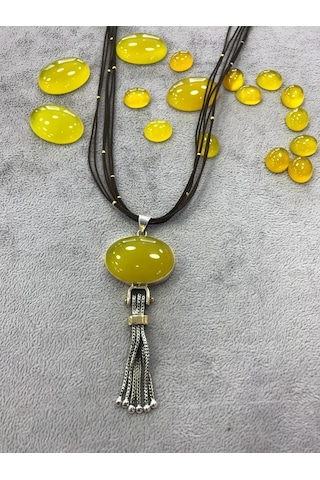 Sarı Akik Taşlı Gümüş Kolye 925 Ayar 512654203