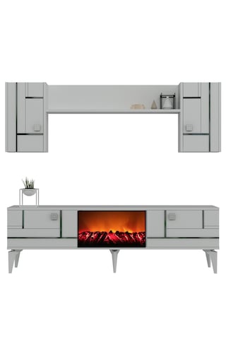 Maddera Şömineli Tv Ünitesi Takımı Beyaz-gümüş