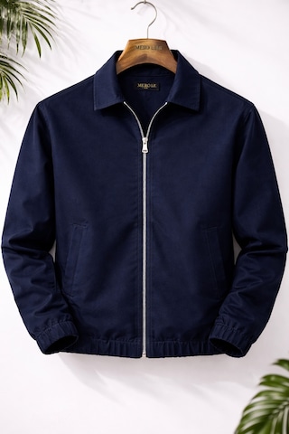 Mero Life Erkek Basic Old Money Fermuarlı Oversize Mevsimlik Polo Yaka Gabardin Kumaş Lacivert Ceket
