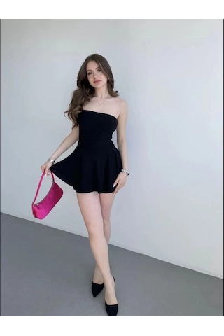 Moda Kadın Straplez Mini Etek Görünümlü Şortlu Elbise Büzgülü Şık Yazlık - Siyah Çok Renkli
