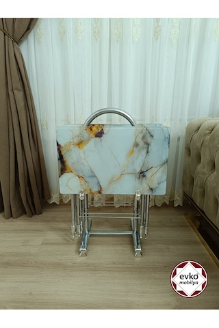 Evko Mobilya Çanta Zigon Sehpa, 4'lü Sehpa, Zigon Sehpa, Servis Sehpası, Camlı Sehpa, Katlanır Sehpa Mavi Mermerr Altın - Koyu Mavi