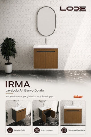 Lode Bath Irma Serisi Lavabolu Alt Banyo Dolabı, Kapaklı Banyo Alt Dolabı,seramik Lavabo Dahil 60 Cm Milolegna