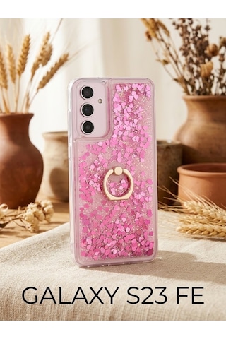 Flody Samsung Uyumlu Galaxy S23 Fe Kılıf Sulu Simli Akışkan Silikon Yüzüklü Pembe
