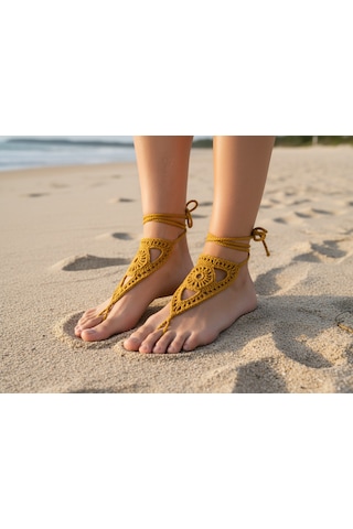 Boho Stil Barefoot Sandal El Yapımı Hardal Ayak Aksesuarı Çift