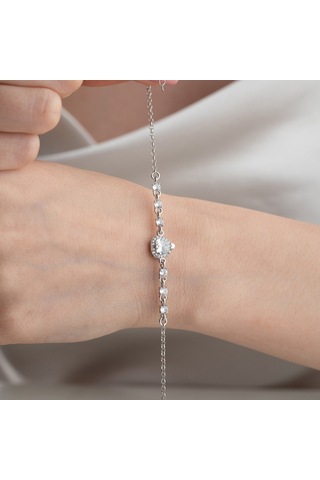 925 Ayar Gümüş Kalpli Sıra Taş Gümüş Bileklik Gümüş