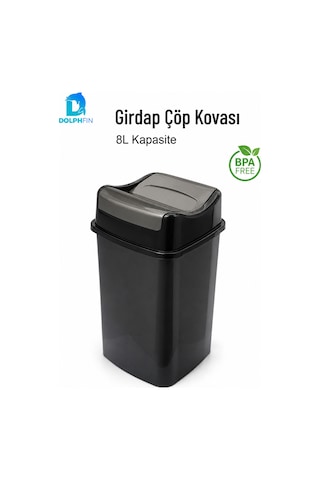 Girdap 8 Litre Sallanır Kapaklı Çöp Kovası Mutfak Banyo Ofis Siyah Füme