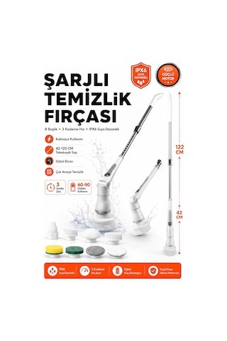 Kablosuz Şarjlı Temizlik Fırçası 8 Başlıklı 3 Kademe Hız Ayarlı Teleskopik Çok Amaçlı Ev Cihazı