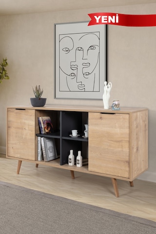 4619 Sina 160 Cm Ahşap Ayaklı , Metal Kulplu Konsol ,safir - Antrasit , Salon , Oturma Odası Safir - Antrasit