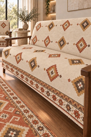 3 Lü Set 2 Adet 165x215 Cm Koltuk Örtüsü + 1 Adet 6m2 180x280 Cm Kaymaz Taban Dijital Baskılı Halı Kiremit