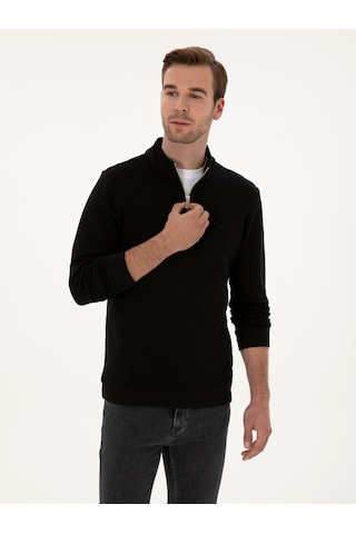 Siyah Regular Fit %100 Pamuk Yarım Fermuarlı Sweatshirt
