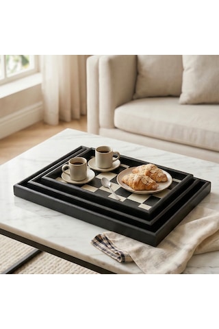 Porsima 1301050047 Ahşap Tepsi 3lü Set Çay Kahve Bambu Sunumu Dama Desenli Tepsi Seti Siyah- Beyaz