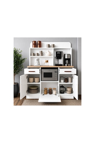 Rudu Milano Kahve Köşesi Mutfak 120x41x161cm Çok Amaçlı Dolap 3 Kapaklı 3 Raflı 2 Çekmeceli-beyaz