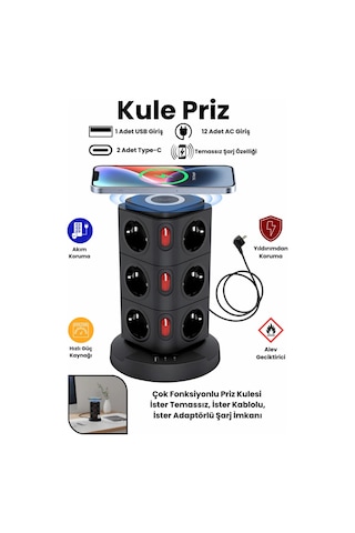 12 Prizli Güç Kulesi Akıllı Priz 3 Usb + Kablosuz Şarj 3680w Yüksek Güç