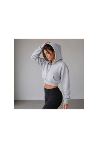 Herkesemoda Kadın Grimelanj Fermaurlı Kapüşonlon 2 İplik Şardonlu Crop Sweatshirt Gri