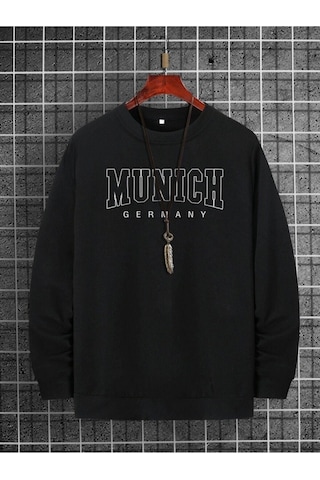 Erkek Siyah Munih Baskılı Oversize Sweatshirt Siyah