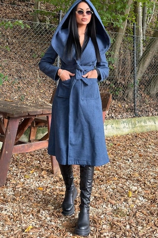 İndigo Kruvaze Yaka, Kapüşonlu, Çift Cepli, Beli Kemerli, Uzun Kaşe Kaban Astarsız İndigo