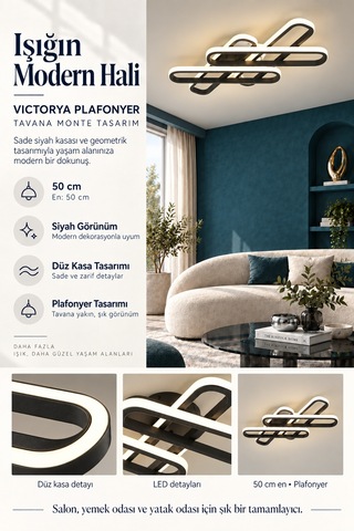 Victorya Büyük Plafonyer Modern Ledli Avize 3 Renk Power Ledli Siyah Kumandalı Yatak Odası Salon Mutfak