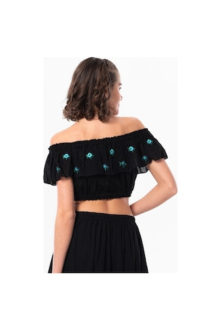 Eliş Şile Bezi Lavinya Vual Lastik Detaylı Nakışlı Yazlık Crop Bluz Siyah Syh-siyah Siyah